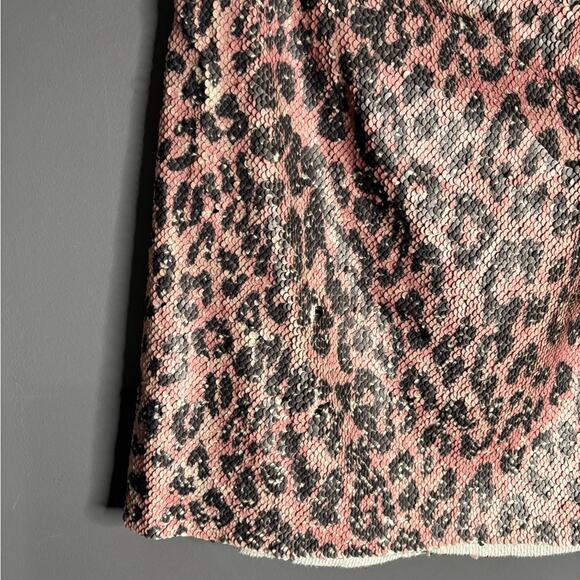 Free People Pink and Gray Leopard Print Sequin Mini Skirt Zippered Back Size 8 - Picture 2 of 6